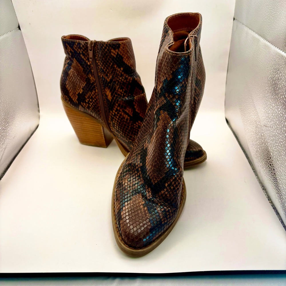 Madden Girl Womens 9M Klicck Ankle Boots Brown Snakeskin Block Heel Side Zipper